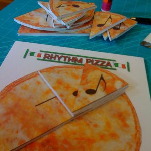 Cut a picture of pizza into halves, quarters, and eighths to show rhythm values.