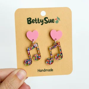 Earrings – Pink Heart & Glitter Beamed Eighth Notes