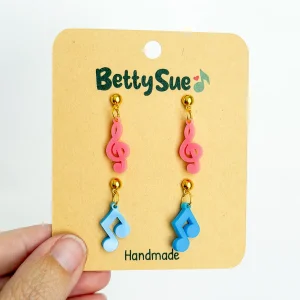 Earrings – Mini Dangles – Treble Clef & Beamed Eighth Notes – Pink/Blue