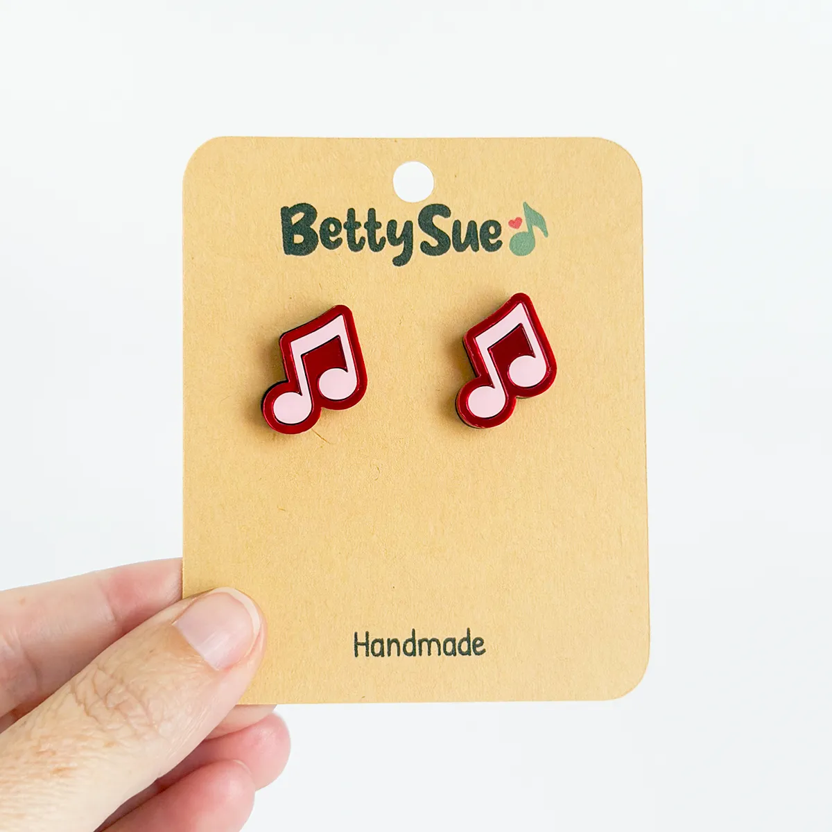 Earrings – Beamed Eighth Note Studs – Red/Pink