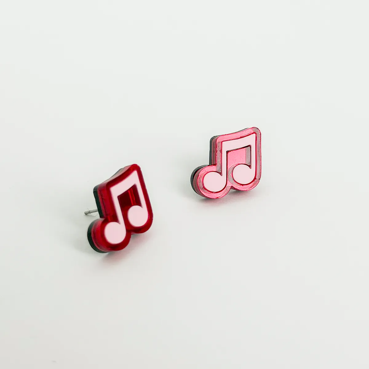 Earrings - Beamed Eighth Note Studs - Red/Pink - Image 3