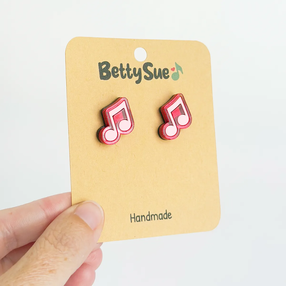 Earrings - Beamed Eighth Note Studs - Red/Pink - Image 2